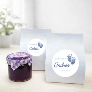 Mermelada de pétalos violetas 40g personalizada de bautizo, diseño Huellas niño