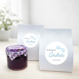 Mermelada de pétalos violetas 40g personalizada de bautizo, diseño Pajarita niño