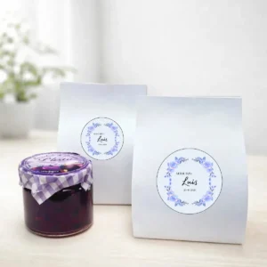 Mermelada de pétalos violetas 40g personalizada de bautizo, diseño Rosa azulada