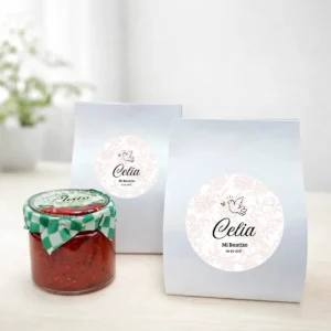 Mermelada de pimiento rojo 40g personalizada de bautizo, diseño Paloma niña