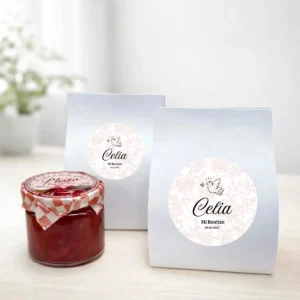 Mermelada de pétalos de rosa 40g personalizada de bautizo, diseño Paloma niña