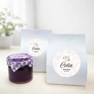 Mermelada de pétalos violetas 40g personalizada de bautizo, diseño Paloma niña