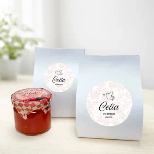 Mermelada de tomate 40g personalizada de bautizo, diseño Paloma niña