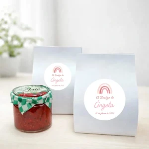 Mermelada de pimiento rojo 40g personalizada de bautizo, diseño Arcoiris niña