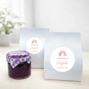 Mermelada de pétalos violetas 40g personalizada de bautizo, diseño Arcoiris niña