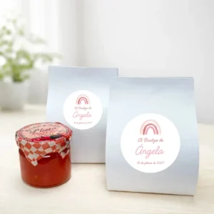 Mermelada de tomate 40g personalizada de bautizo, diseño Arcoiris niña