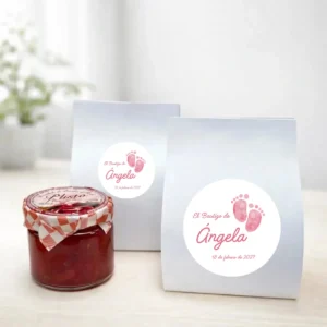 Mermelada de pétalos de rosa 40g personalizada de bautizo, diseño Huellas niña