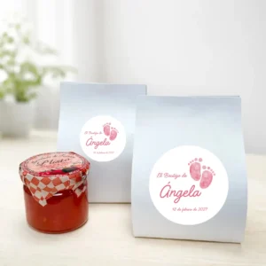 Mermelada de tomate 40g personalizada de bautizo, diseño Huellas niña