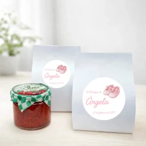 Mermelada de pimiento rojo 40g personalizada de bautizo, diseño Patucos niña