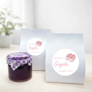 Mermelada de pétalos violetas 40g personalizada de bautizo, diseño Patucos niña