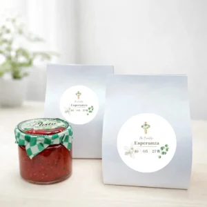 Mermelada de pimiento rojo 40g personalizada de bautizo, diseño Cruz madera