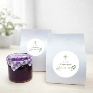 Mermelada de pétalos violetas 40g personalizada de bautizo, diseño Cruz madera