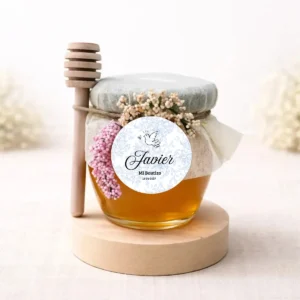 Miel artesana 125g redondo con mielero personalizada de bautizo, diseño Paloma niño