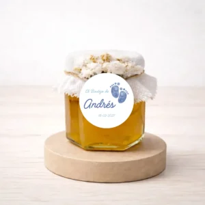 Miel artesana 50g personalizada de bautizo, diseño Huellas niño