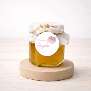 Miel artesana 50g personalizada de bautizo, diseño Patucos niña