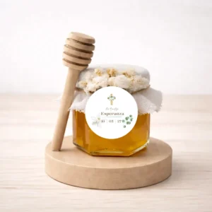 Miel artesana 50g con mielero personalizada de bautizo, diseño Cruz madera