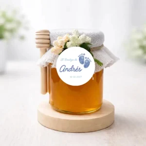 Miel artesana 125g con mielero personalizada de bautizo, diseño Huellas niño