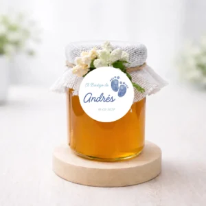 Miel artesana 125g personalizada de bautizo, diseño Huellas niño