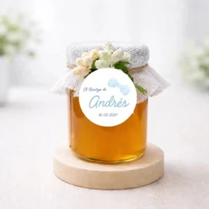 Miel artesana 125g personalizada de bautizo, diseño Pajarita niño