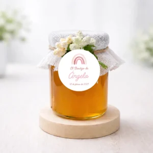 Miel artesana 125g personalizada de bautizo, diseño Arcoiris niña