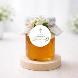 Miel artesana 125g personalizada de bautizo, diseño Cruz madera