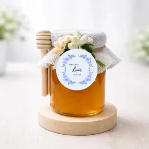 Miel artesana 125g con mielero personalizada de bautizo, diseño Rosa azulada