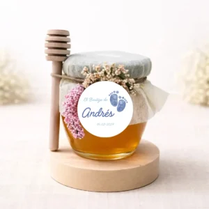 Miel artesana 125g redondo con mielero personalizada de bautizo, diseño Huellas niño