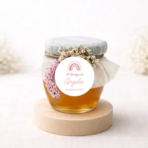 Miel artesana 125g redondo personalizada de bautizo, diseño Arcoiris niña