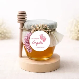 Miel artesana 125g redondo con mielero personalizada de bautizo, diseño Huellas niña