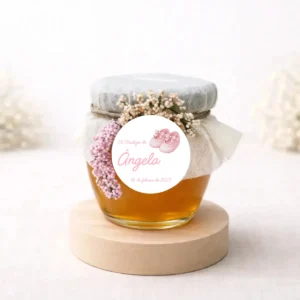 Miel artesana 125g redondo personalizada de bautizo, diseño Patucos niña