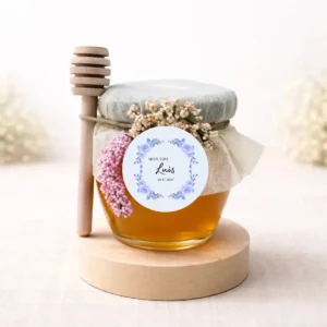 Miel artesana 125g redondo con mielero personalizada de bautizo, diseño Rosa azulada