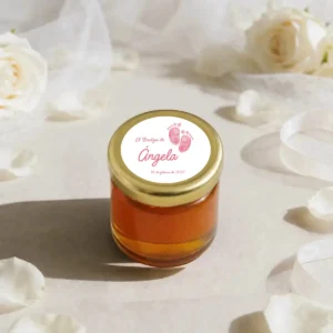 Miel 40g personalizada de bautizo, diseño Huellas niña