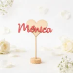 Cake topper con nombre madera rosa corazón de bautizo