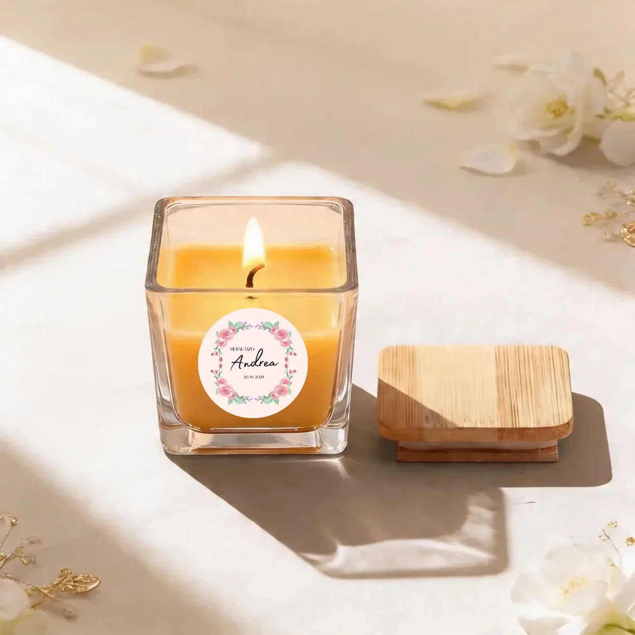 Vela crital/tapa madera bautizo rosa rosada