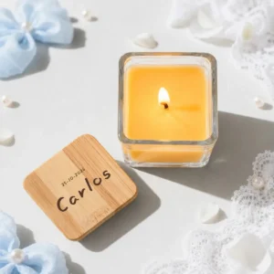 Vela crital/tapa madera personalizada de bautizo, diseño Manuscrito