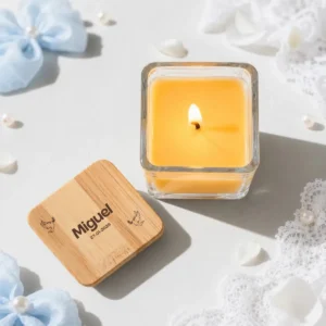 Vela crital/tapa madera personalizada de bautizo, diseño Paloma de la paz