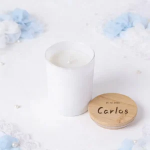 Vela cristal/madera personalizada de bautizo, diseño Manuscrito