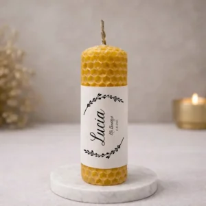 Vela cera abeja 10x3cm personalizada de bautizo, diseño Detalle laurel