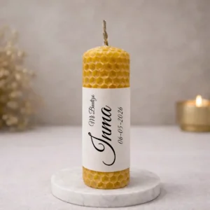 Vela cera abeja 10x3cm personalizada de bautizo, diseño Detalle cruz
