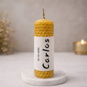 Vela cera abeja 10x3cm personalizada de bautizo, diseño Manuscrito