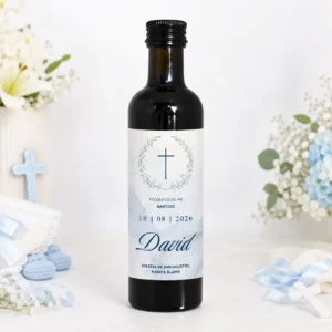 Botella de vino 100ml cristal bautizo acuarela con cruz flores