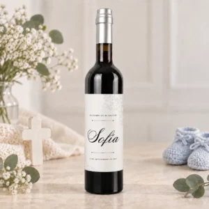 Vino pedro ximenez personalizado de bautizo, diseño Flor y nombre minimal