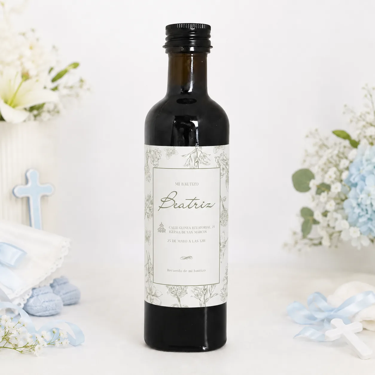 Botella de vino 100ml cristal bautizo botánico elegante