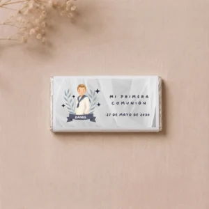 Chocolate comunión personalizado acuarela niño gris