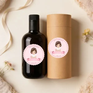 Botella de aceite 500ml virgen extra personalizada de comunión, diseño Niña lazo