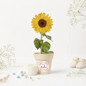 Maceta blanca con semillas de girasol bautizo rosa rosada