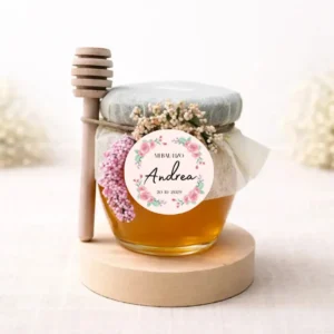 Miel artesana 125g redondo con mielero bautizo rosa rosada
