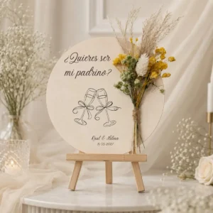 Cartel flores y dedicatoria amarillo personalizado para boda, diseño Pregunta padrino copas