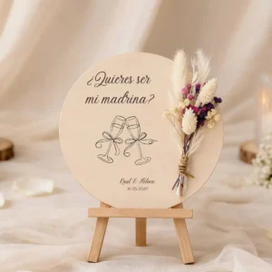 Cartel flores y dedicatoria lila personalizado para boda, diseño Pregunta madrina copas