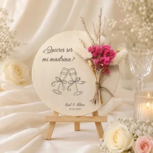 Cartel flores y dedicatoria rosa personalizado para boda, diseño Pregunta madrina copas